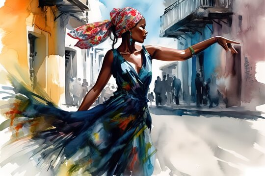 Watercolor image of a beautiful cuban woman dancing on a street. Generated ai.