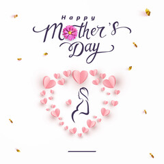 Mother's day greeting card.Social media banner. Vector banner and flying pink paper hearts. Symbols of love on isolated white background
