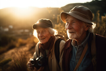 Mature retiree couple enjoying active retirement outdoors at sunset. Enjoying life. Generative AI.