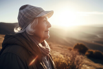 Portrait of Senior caucasian retiree woman enjoying active retirement outdoors at sunset. Enjoying life. Generative AI.