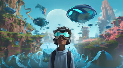 A Kid with VR glasses in some fantastic imaginative gaming world. Ai generated.