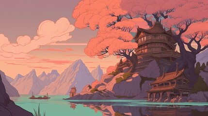 Abstract Natural Forest Landscape Scene Soft Color Painted Digital Generated Illustration Poster Design 