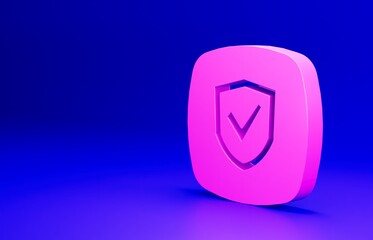 Pink Shield icon isolated on blue background. Insurance concept. Guard sign. Security, safety, protection, privacy concept. Minimalism concept. 3D render illustration