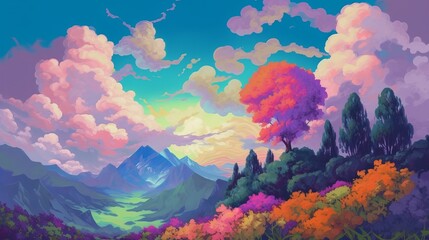 Abstract Natural Forest Landscape Scene Soft Color Painted Digital Generated Illustration Poster Design 