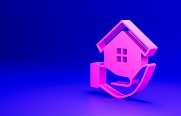 Pink House in hand icon isolated on blue background. Insurance concept. Security, safety, protection, protect concept. Minimalism concept. 3D render illustration