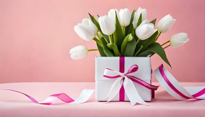 White Colorful bouquet of tulips in gift box. Generative AI