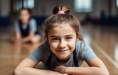 School girl smiling and looking at camera in the gym at school with group of students at the background. Generative AI.
