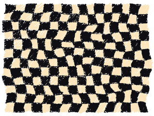 Hand drawn groovy black cream checkerboard checkered pattern textile in color pencil style