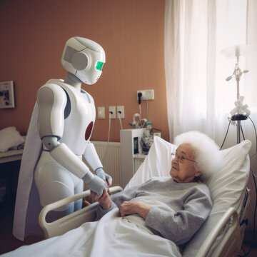 elderly woman lying in hospital or nursing home while robot takes care of her health, generative ai
