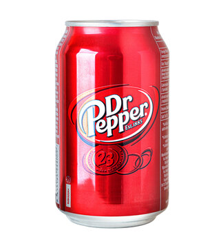 Anapa, Russia 08 April 2023:  Can of Dr Pepper , Cherry. transparent  isolated background. Dr.Pepper is a soft drink marketed as having a unique flavor. The drink was created in the 1880s.