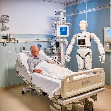 bed in hospital or nursing home while robot takes care of health, generative ai