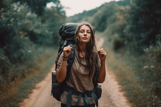beautiful girl who enjoys backpacking and hitchhiking during her travels. Generative AI