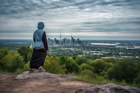Fit and Fabulous: Hijabi Woman's Workout Session amidst Nature by Generative AI.