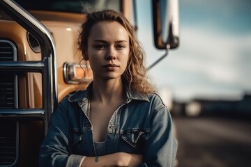 Naklejka na ściany i meble driver woman against the backdrop of a modern truck on the highway. Generative AI