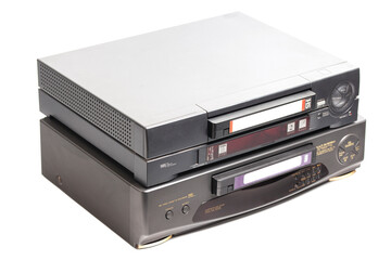 Fototapeta premium Old video cassette recorder with VHS video tape cassette isolated on white background