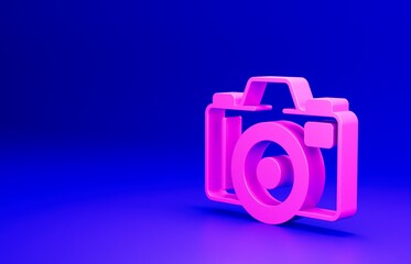Pink Photo camera icon isolated on blue background. Foto camera. Digital photography. Minimalism concept. 3D render illustration
