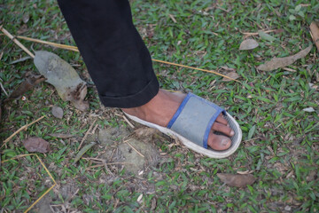 A boy in shoes is standing on green grass