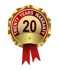 Round emblem of gold color with ribbons and text for twenty years warranty