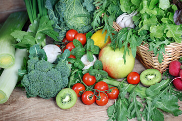 Healthy food, fresh organic fruits and vegetables on wooden table