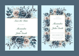 Fototapeta na wymiar Blue pink rose floral flower vector elegant hand drawing wedding invitation floral design watercolor