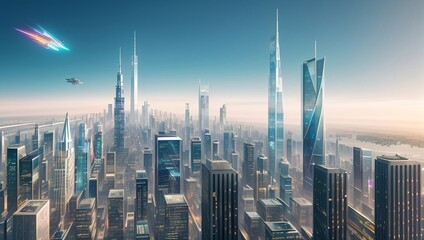 Obraz premium Digital illustration of a city with skyscrapers, generative AI
