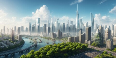 Fototapeta premium Digital illustration of a city with skyscrapers, generative AI