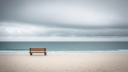 Fototapeta na wymiar Wooden bench on a sandy beach, generative ai