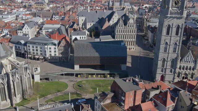 Flying between The Belfry and St. Nicholas Church in Ghent Belgium