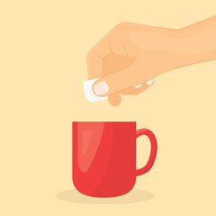 putting white sugar cube into coffee mug- vector illustration