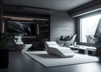 3D sci-fi living room detail. Very nice, clean lines characterize the interior of the futuristic living room. It is equipped with everything one needs. Illustration generated by AI.