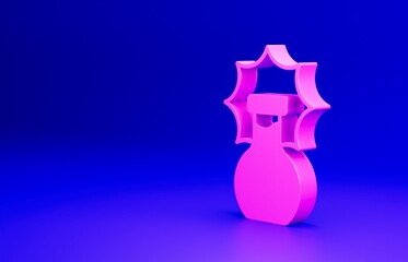 Pink Chemical experiment, explosion in the flask icon isolated on blue background. Chemical explosion in a test tube. Minimalism concept. 3D render illustration