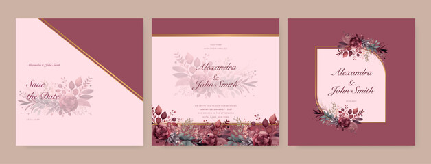 Fototapeta na wymiar Red rose floral flower vector wedding card invitation template with hand painted watercolor