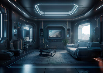 3D sci-fi living room detail. Very nice, clean lines characterize the interior of the futuristic living room. It is equipped with everything one needs. Illustration generated by AI.
