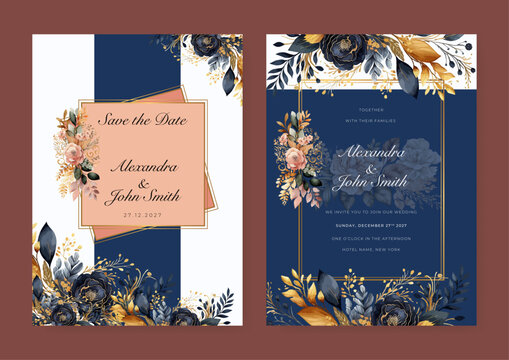 Blue black rose floral flower vector beautiful gold flowers line art on wedding card template watercolor