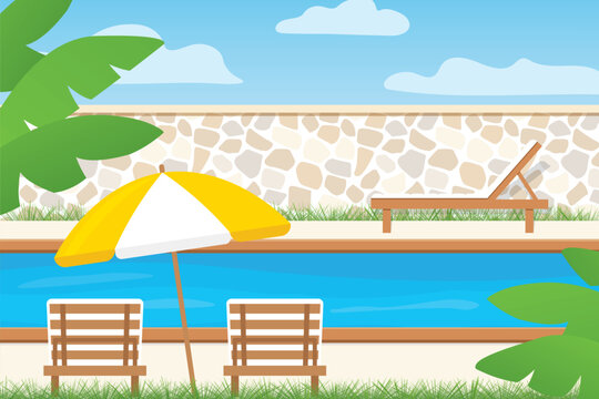 deck chairs, umbrella near the swimming pool in house backyard or hotel garden- vector illustration