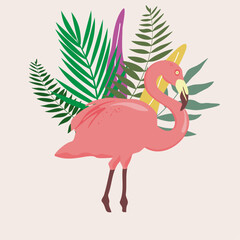 Pink flamingo with tropical leaves. Vector illustration for textile design, polygraphy, social media, wall design.