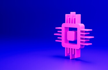 Pink Computer processor with microcircuits CPU icon isolated on blue background. Chip or cpu with circuit board. Micro processor. Minimalism concept. 3D render illustration