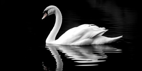 A graceful swan reflected in the still surface of an ethereal, monochromatic body of water, emphasizing its elegance and serenity, concept of Fluidity of motion, created with Generative Generative AI