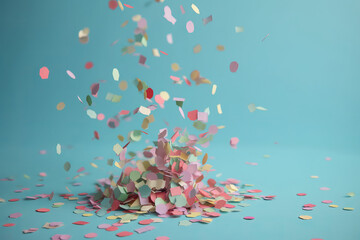 Party celebration confetti falling on a blue background. Generative ai Generative AI