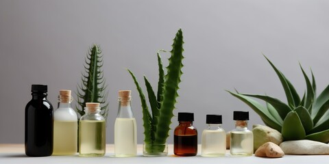 A row of aloe vera plants and bottles of infused oils, displayed against a serene, monochromatic background, concept of Natural remedies, created with Generative AI technology Generative AI