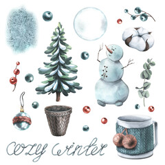 New Year's, watercolor stickers, clip-art with a Christmas tree, a snowman, on the theme of a cozy winter. Hand drawn illustrations. Isolated objects on a white background.