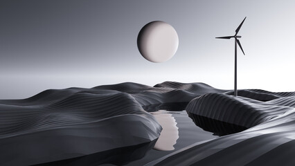 Moonlit night desert and windmill with lazy river 3D rendering © sutas