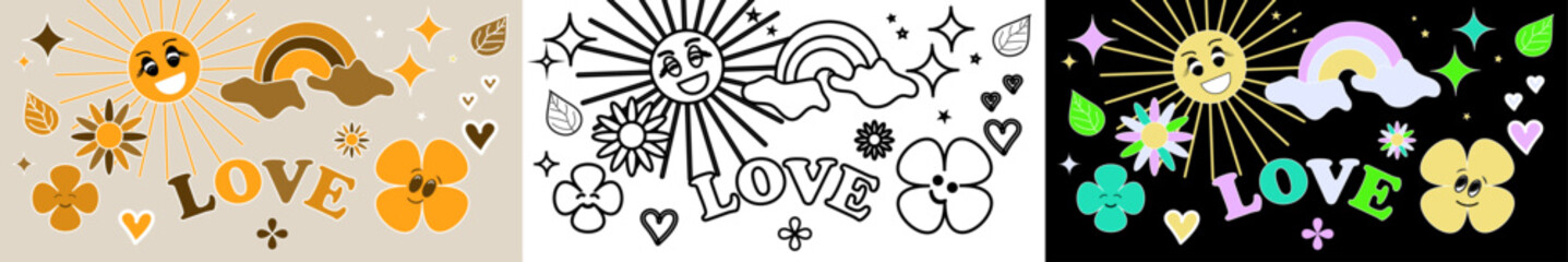 Set. A groovy hippie of the 70s. Funny cartoon flower, rainbow, love, heart, chamomile. Sticker pack in a fashionable retro-psychedelic cartoon style. Stand-alone vector illustration. 