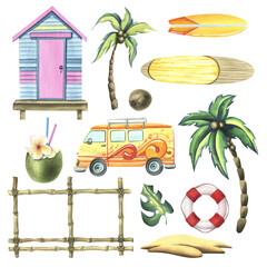 Beach cabin with surf machine, palm trees and surfboards. Watercolor illustration, hand drawn. Summer, beach set isolated illustration on white background.