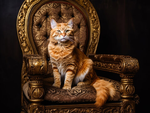 King Cat Sitting On Throne With Gold Crown And Collar Generative AI