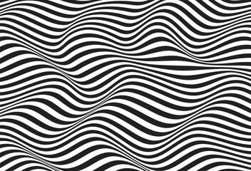 Wave of optical illusion. Abstract black and white illustrations. Horizontal lines stripes pattern or background with wavy distortion effect.