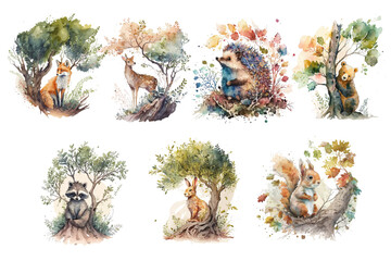 Safari Animal set squirrel, deer, raccoon, bear, hedgehog, fox, hare in the foliage of a tree in watercolor style. Isolated vector illustration