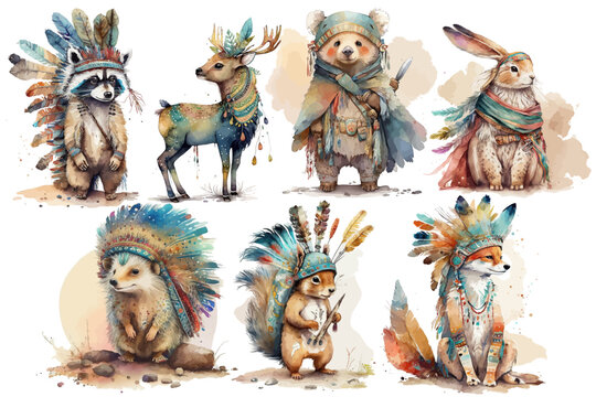Safari Animal set squirrel, deer, raccoon, bear, hedgehog, fox, hare dressed as an Indian in watercolor style. Isolated vector illustration