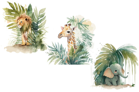 Safari Animal set lion, elephant, giraffe with palm leaf in watercolor style. Isolated vector illustration