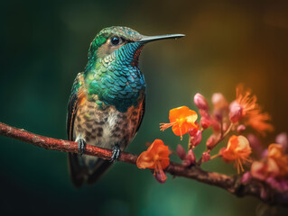 Fototapeta premium Hummingbird Embracing Nature's Splendor. Mesmerizing macro photograph showcasing a Trochilidae perched on a branch, enjoying a flower in a spring background. Nature concept AI Generative